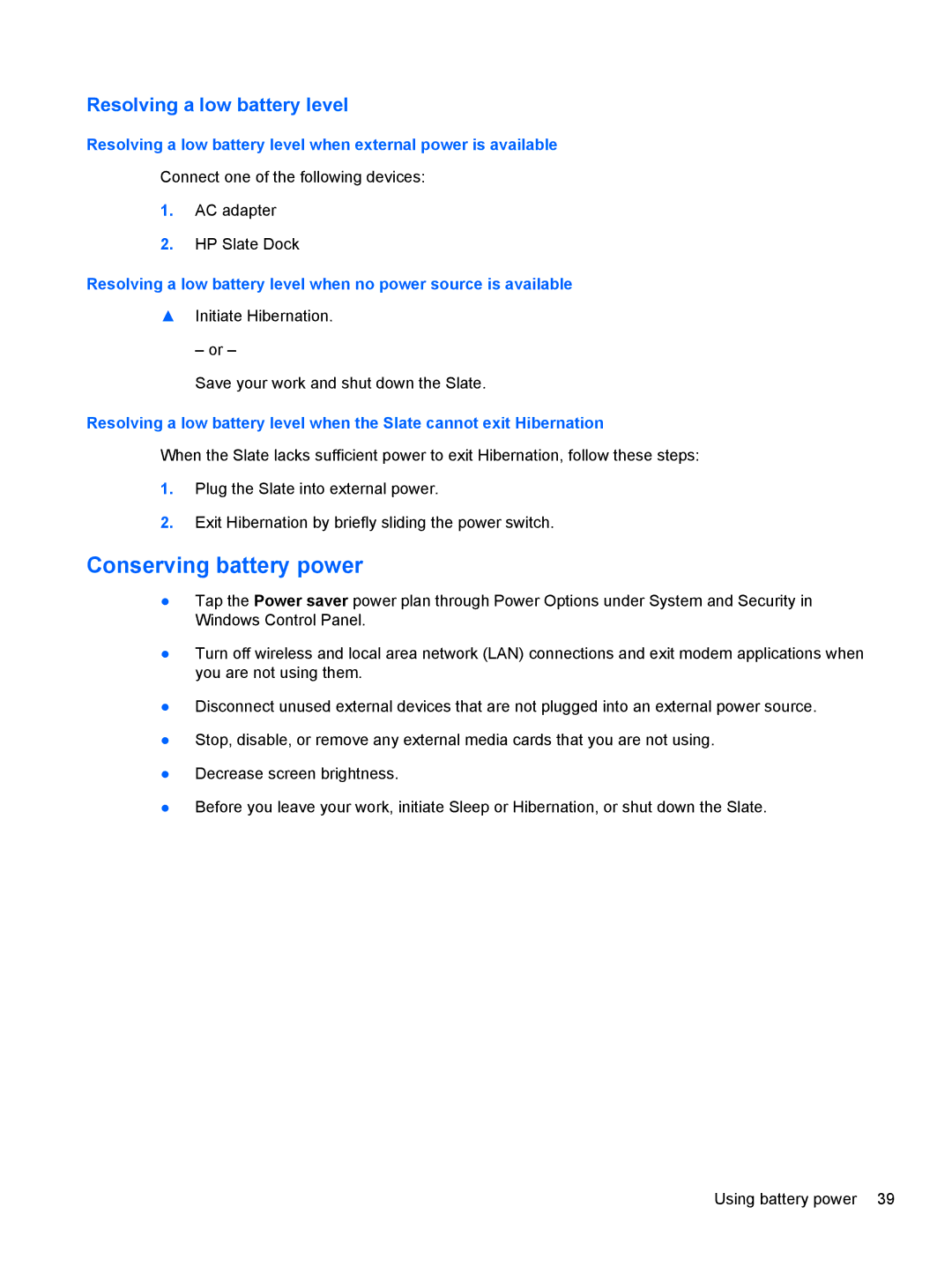 HP 2 Base Model manual Conserving battery power, Resolving a low battery level 