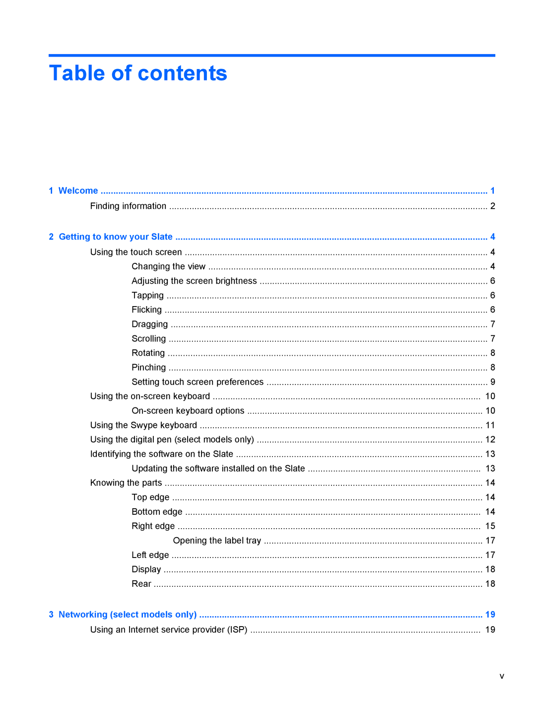 HP 2 Base Model manual Table of contents 