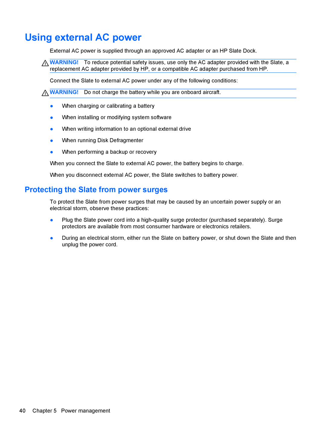 HP 2 Base Model manual Using external AC power, Protecting the Slate from power surges 