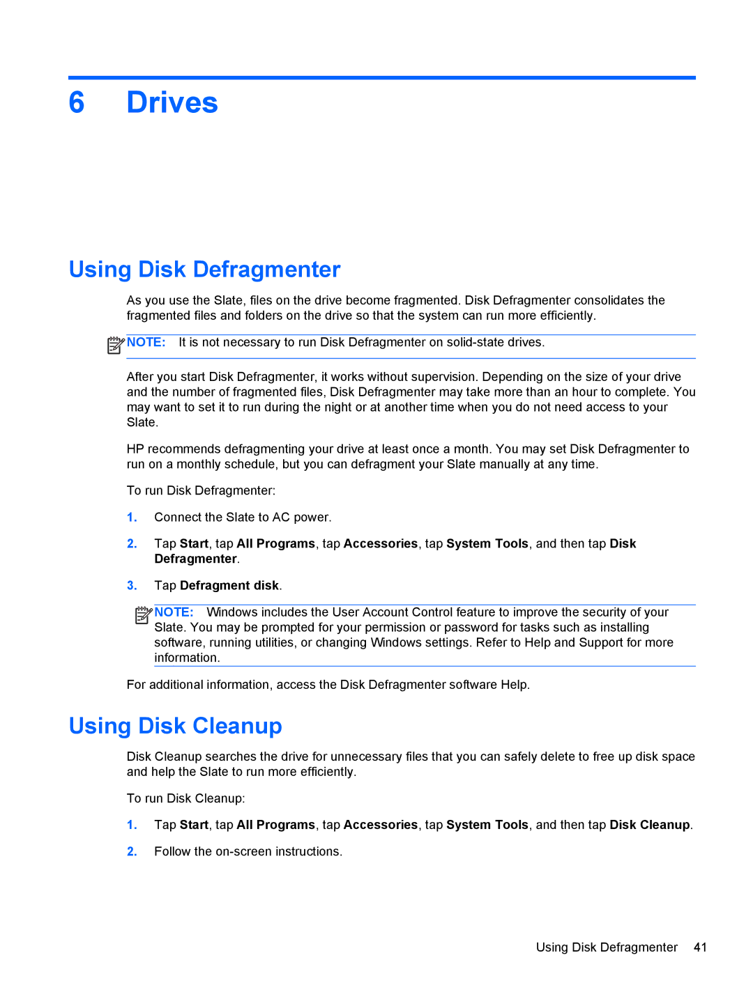 HP 2 Base Model manual Drives, Using Disk Defragmenter, Using Disk Cleanup 