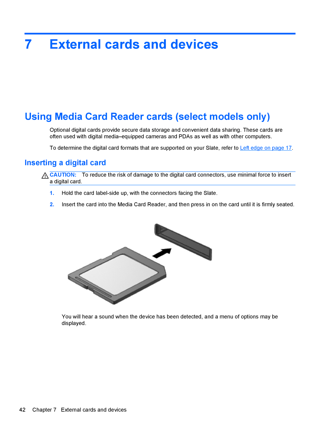 HP 2 Base Model External cards and devices, Using Media Card Reader cards select models only, Inserting a digital card 