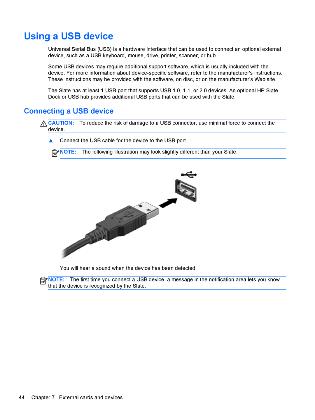 HP 2 Base Model manual Using a USB device, Connecting a USB device 