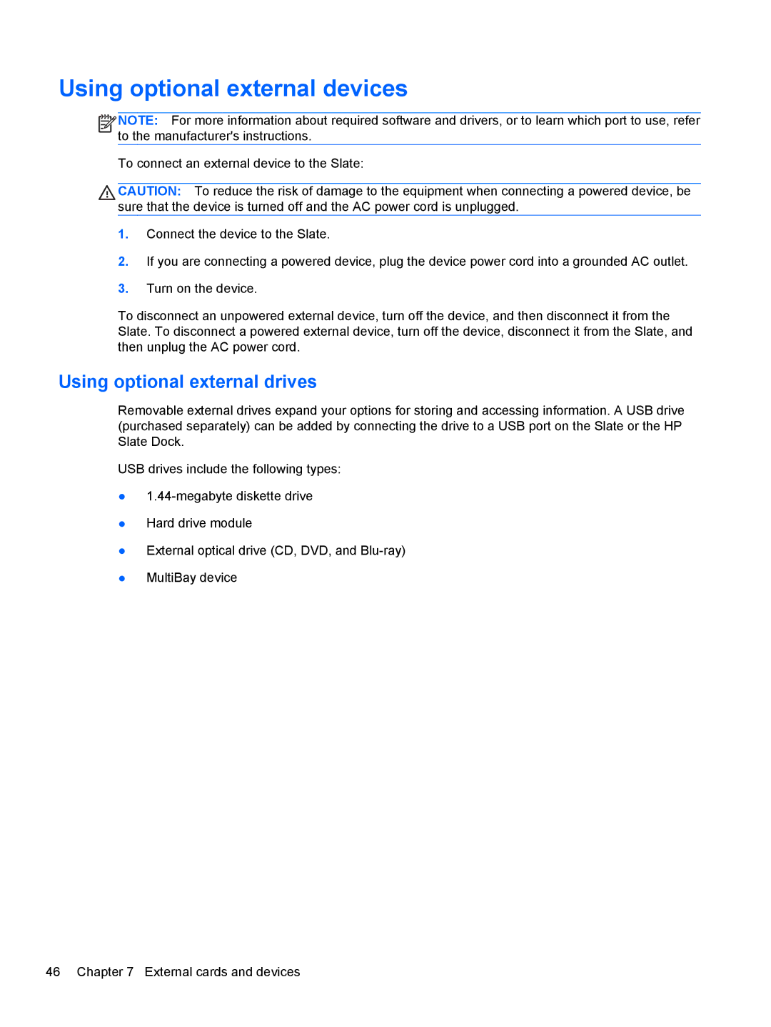 HP 2 Base Model manual Using optional external devices, Using optional external drives 