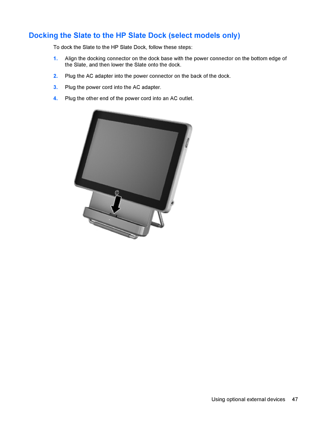 HP 2 Base Model manual Docking the Slate to the HP Slate Dock select models only 