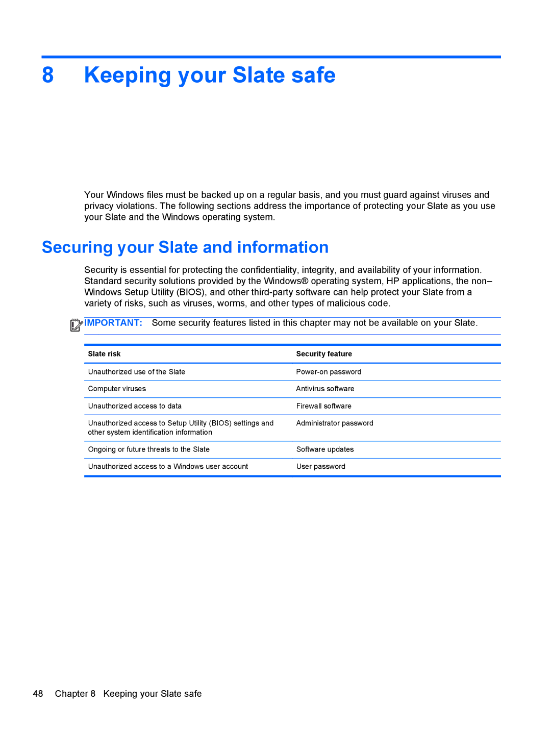 HP 2 Base Model manual Keeping your Slate safe, Securing your Slate and information, Slate risk Security feature 