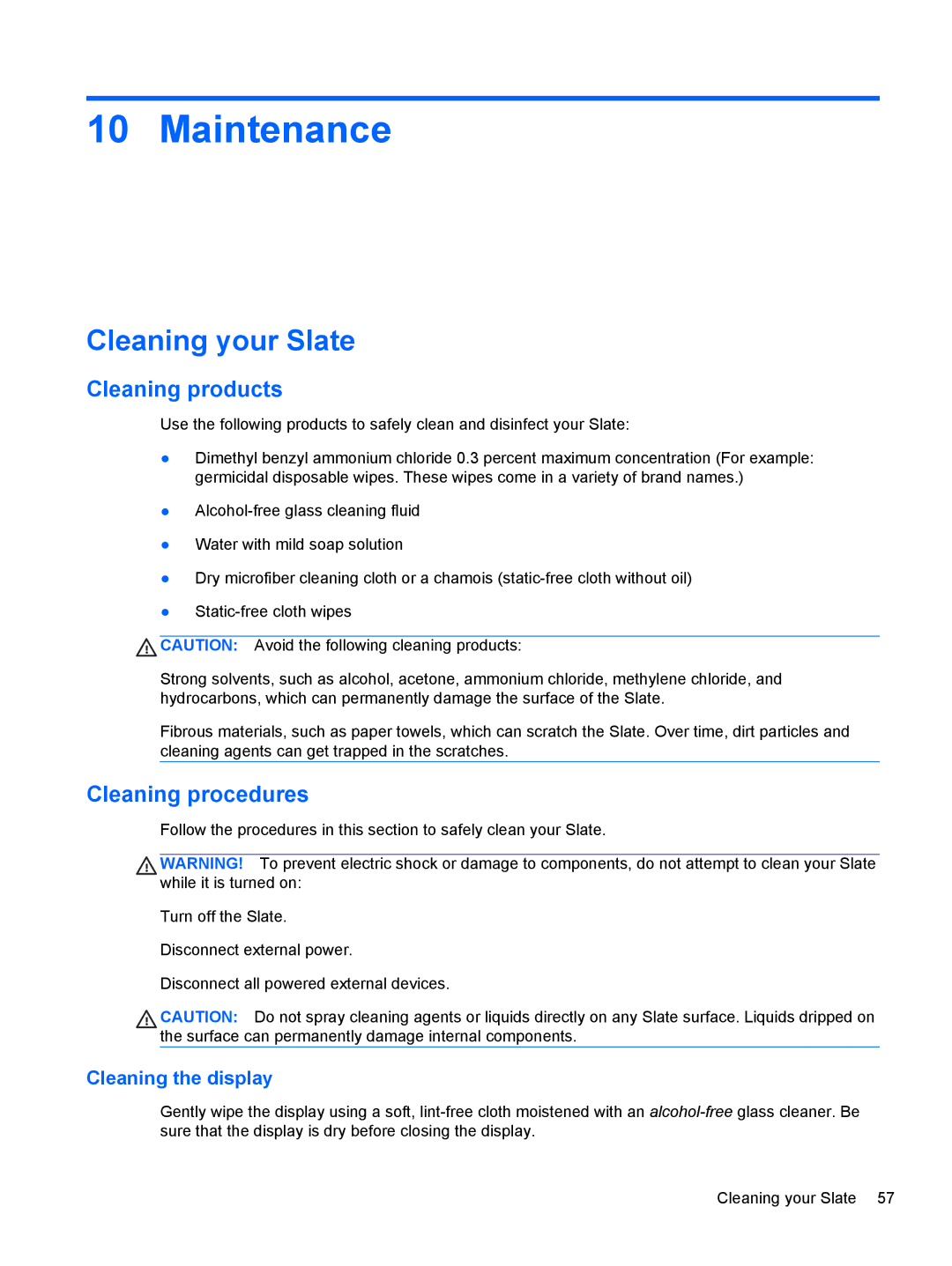 HP 2 Base Model manual Maintenance, Cleaning your Slate, Cleaning products, Cleaning procedures, Cleaning the display 