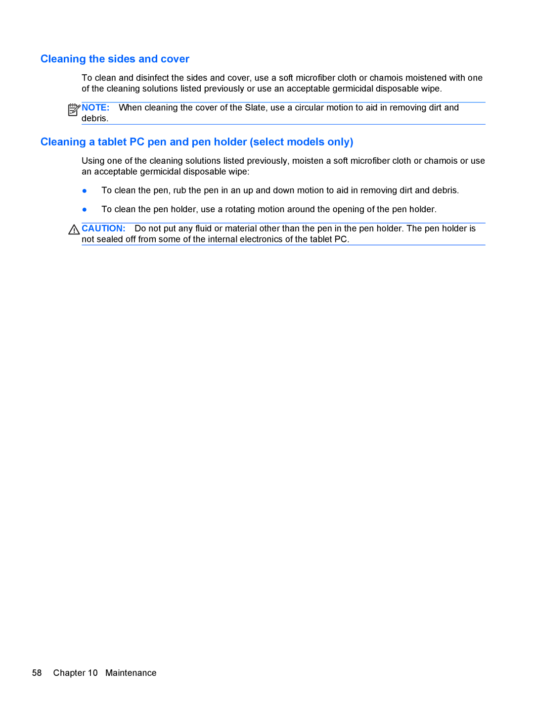 HP 2 Base Model manual Cleaning the sides and cover, Cleaning a tablet PC pen and pen holder select models only 