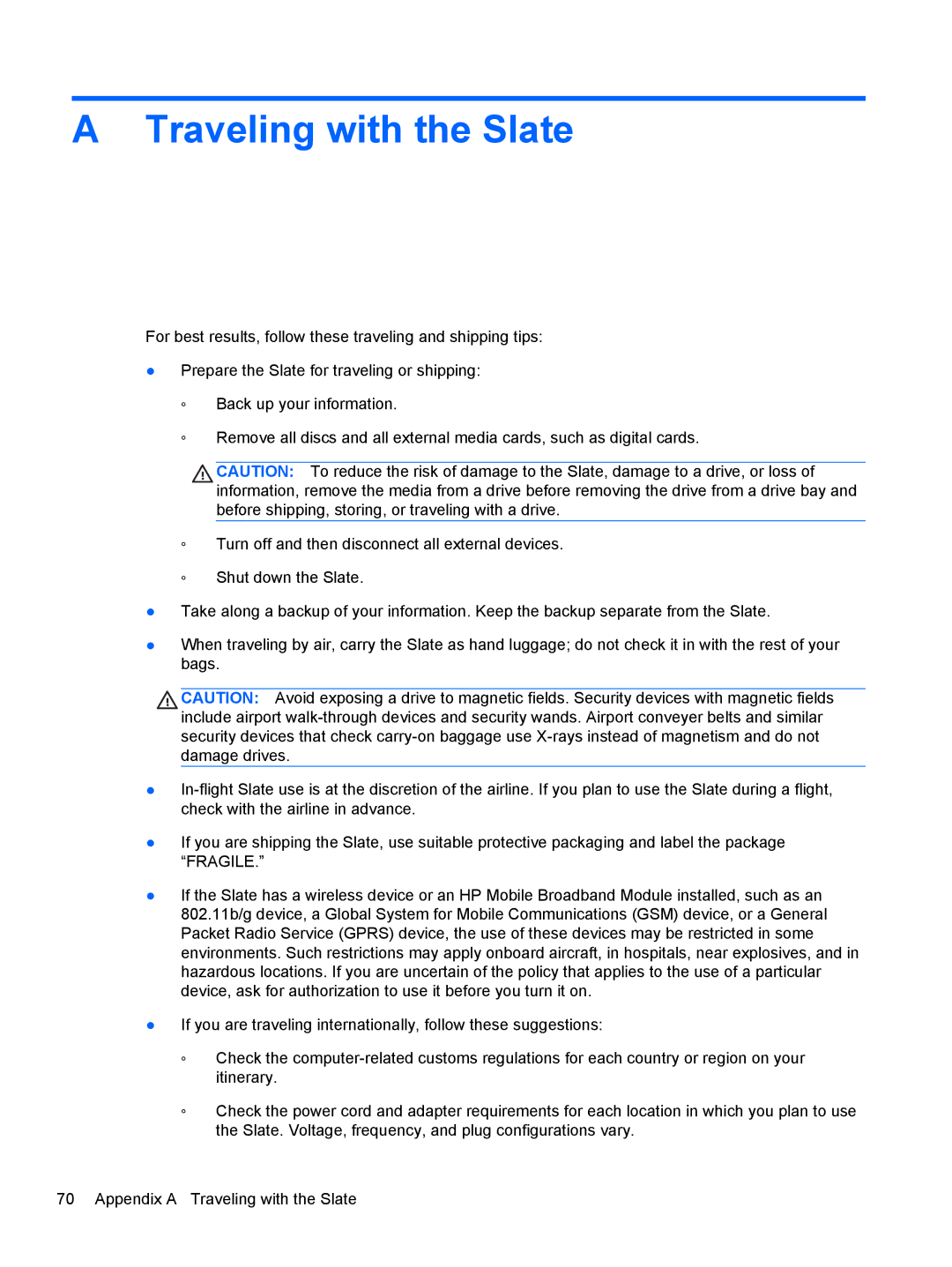 HP 2 Base Model manual Traveling with the Slate 