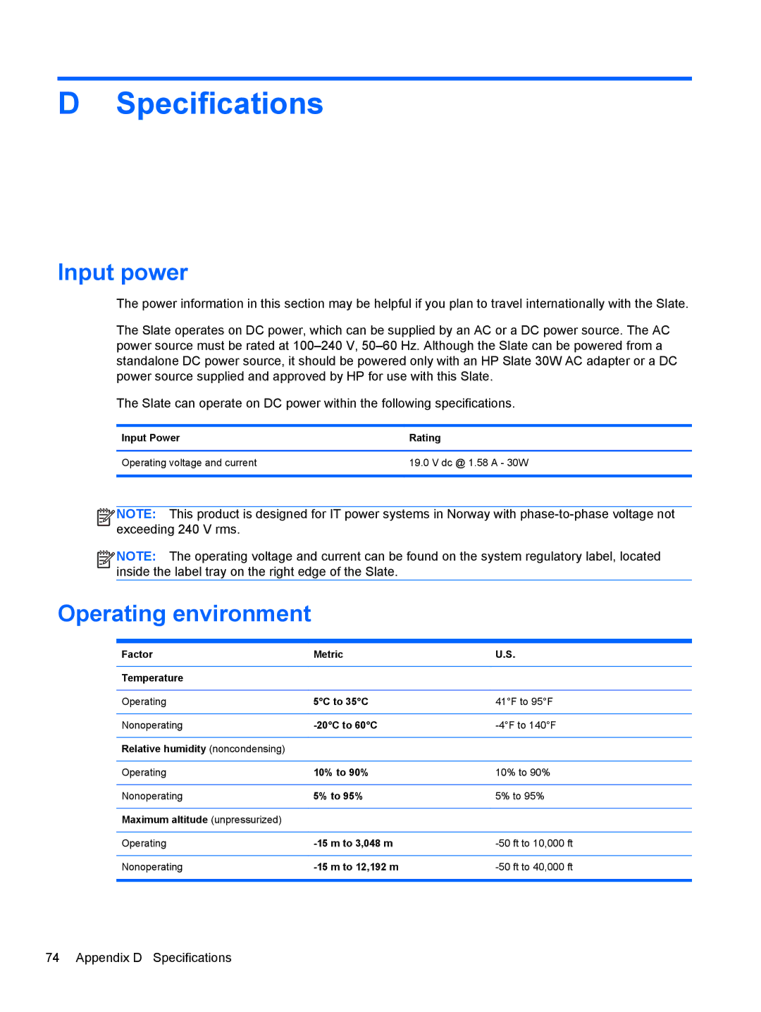 HP 2 Base Model manual Specifications, Input power, Operating environment 