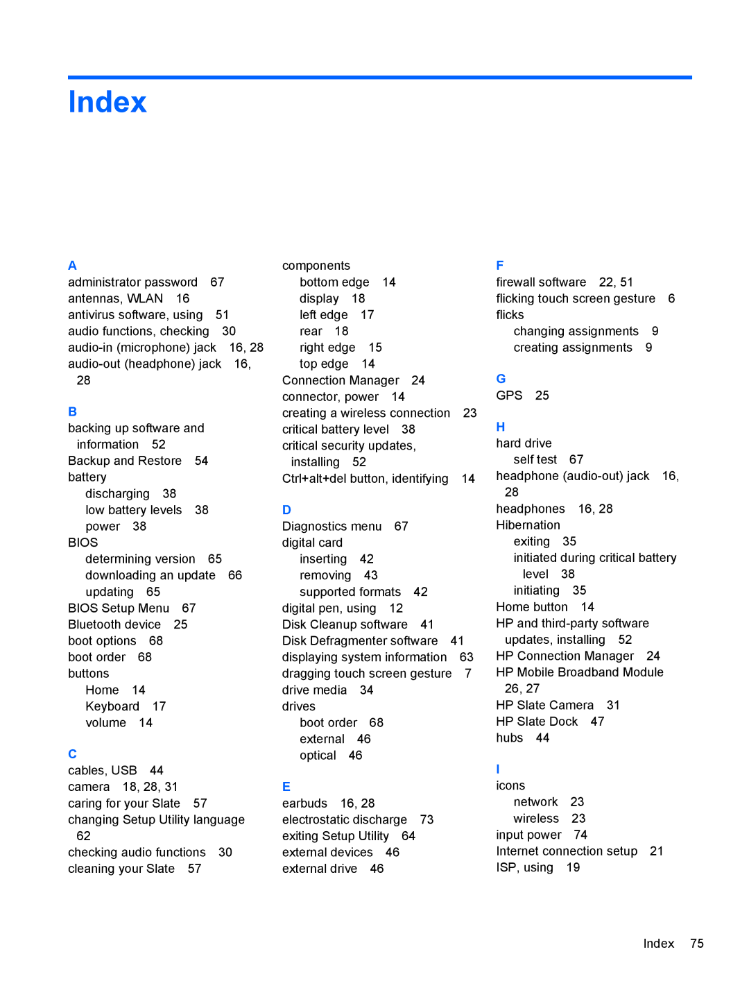 HP 2 Base Model manual Index, Bios 