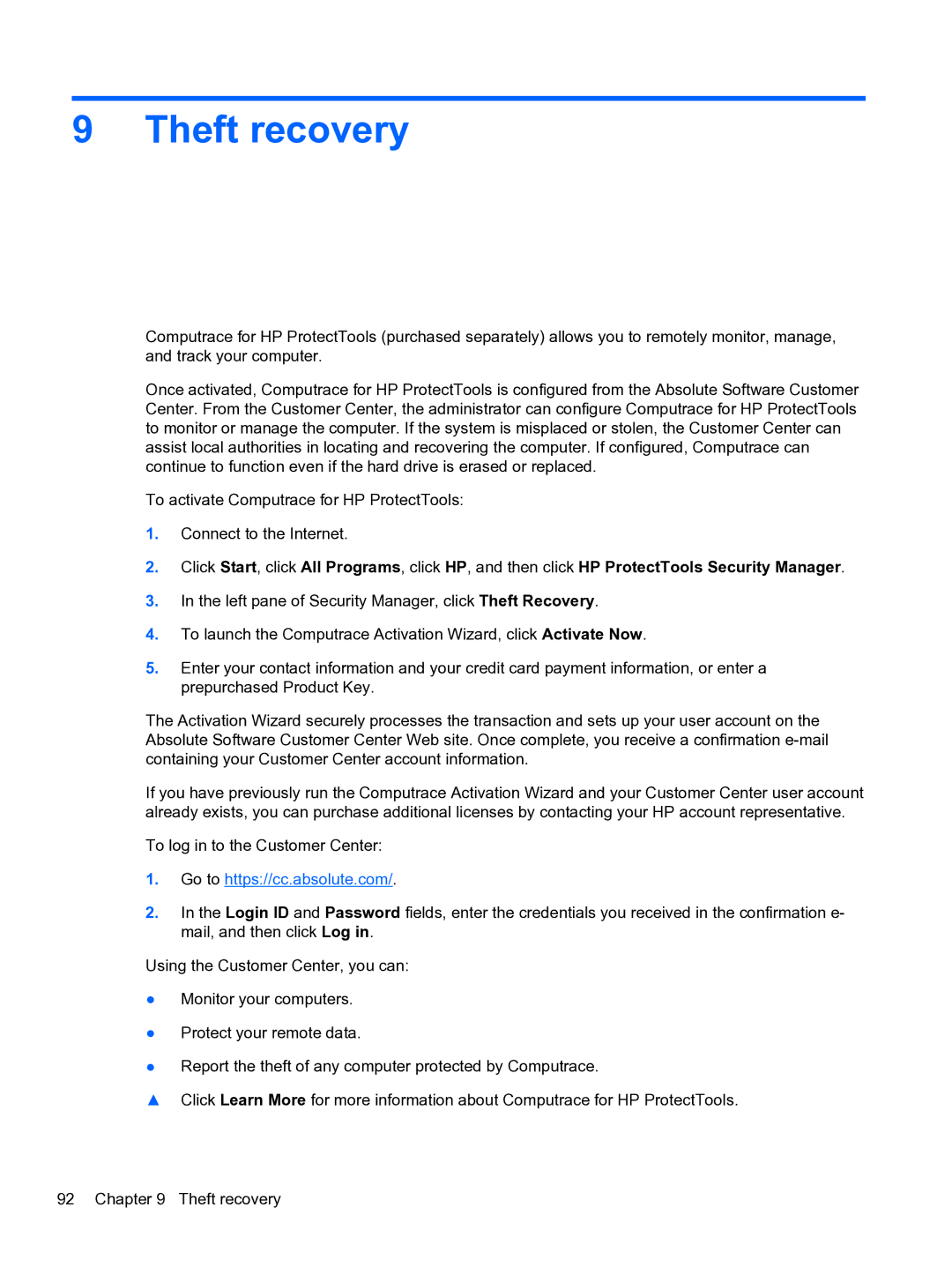 HP 2 Base Model manual Theft recovery, Go to https//cc.absolute.com 
