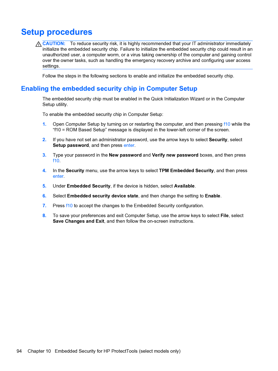 HP 2 Base Model manual Setup procedures, Enabling the embedded security chip in Computer Setup 