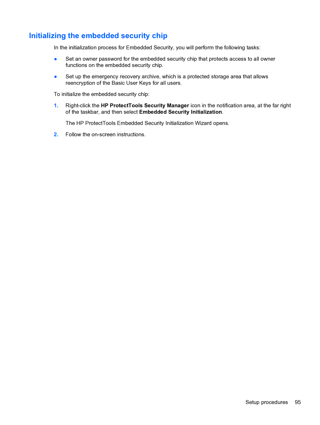 HP 2 Base Model manual Initializing the embedded security chip 