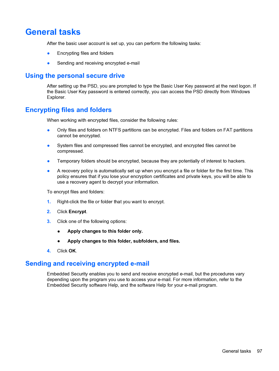 HP 2 Base Model Using the personal secure drive, Encrypting files and folders, Sending and receiving encrypted e-mail 