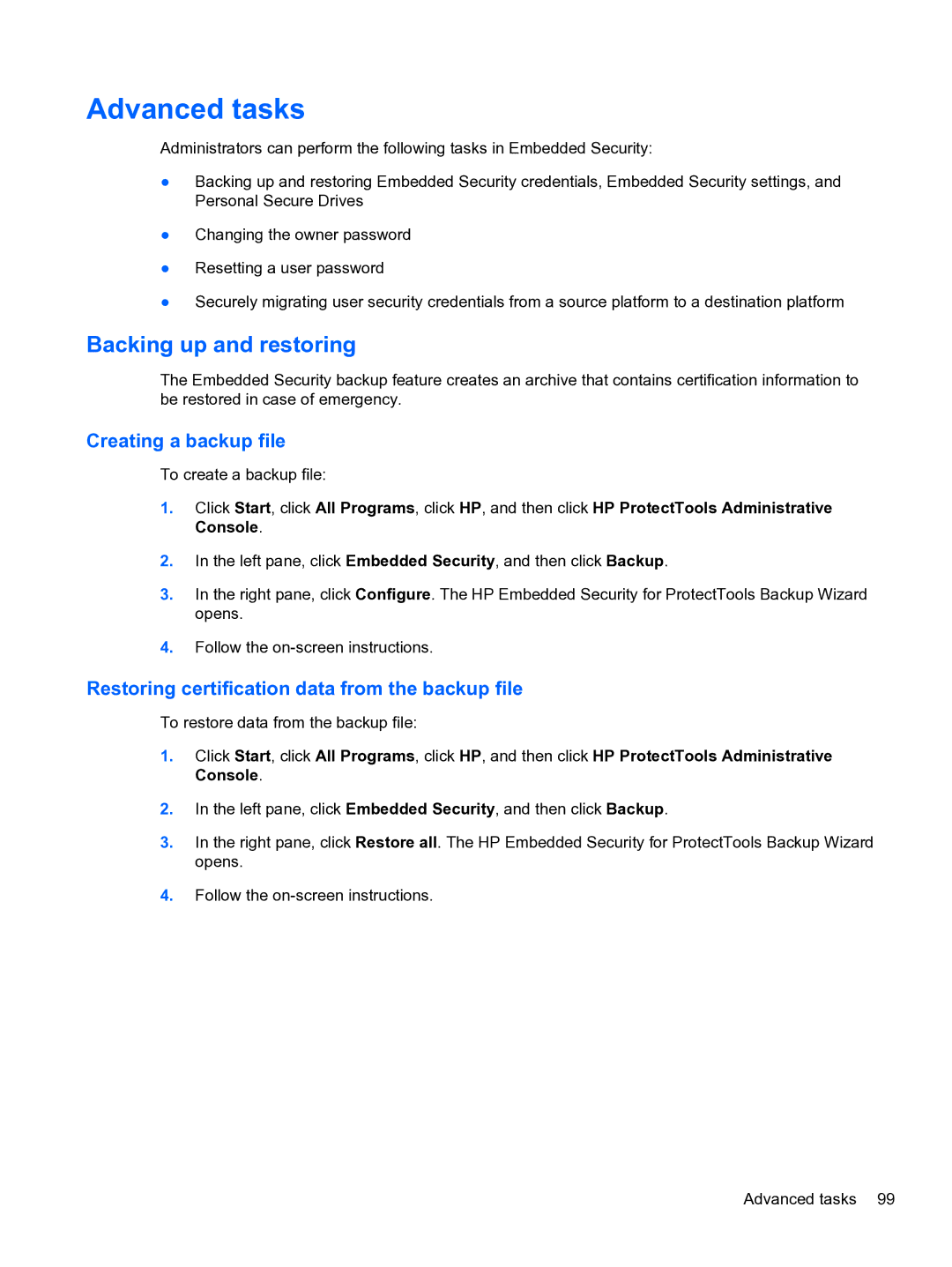 HP 2 Base Model Backing up and restoring, Creating a backup file, Restoring certification data from the backup file 