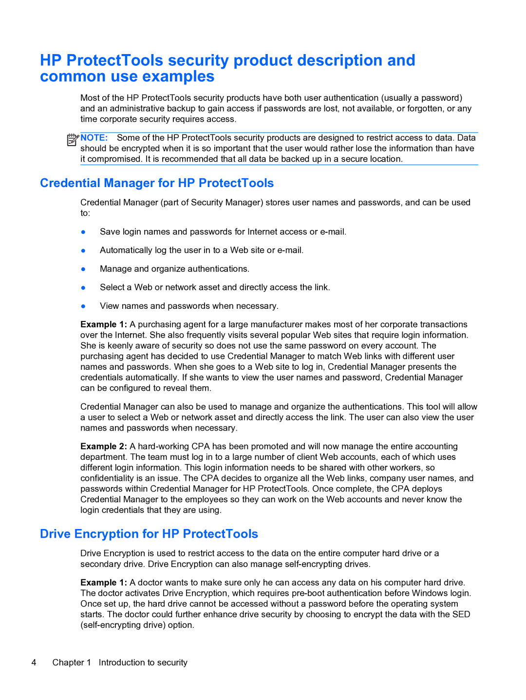 HP 2 Base Model manual Credential Manager for HP ProtectTools, Drive Encryption for HP ProtectTools 