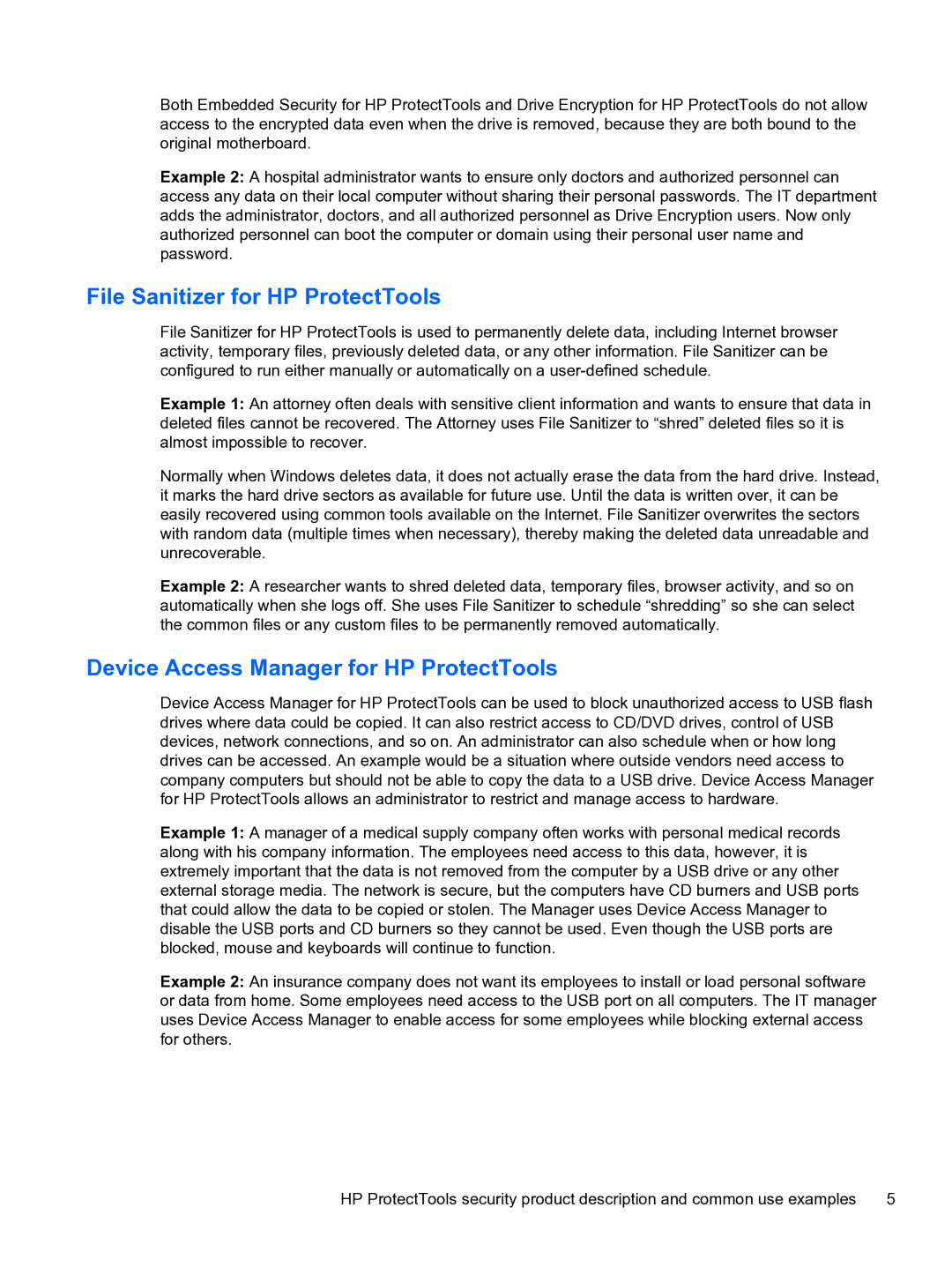 HP 2 Base Model manual File Sanitizer for HP ProtectTools, Device Access Manager for HP ProtectTools 