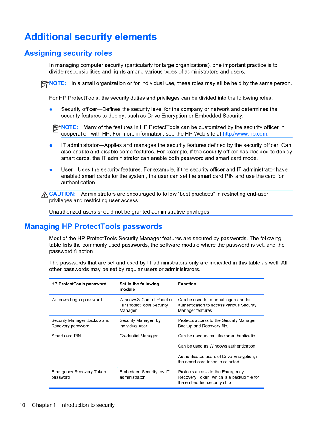 HP 2 Base Model manual Additional security elements, Assigning security roles, Managing HP ProtectTools passwords 