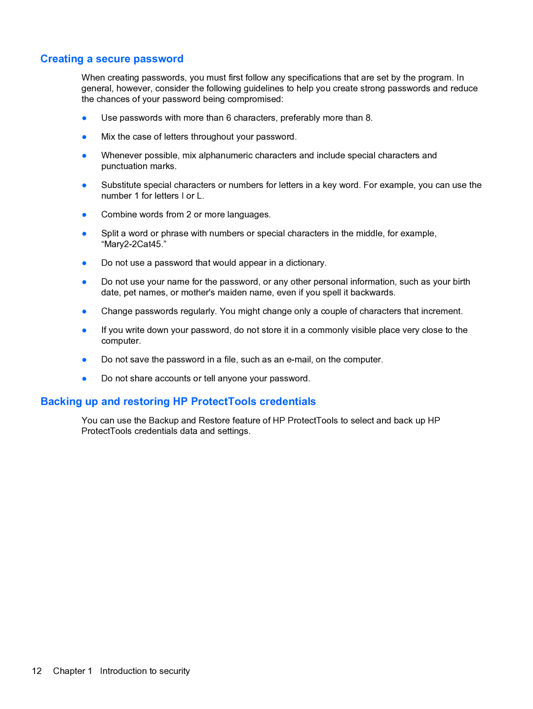 HP 2 Base Model manual Creating a secure password, Backing up and restoring HP ProtectTools credentials 