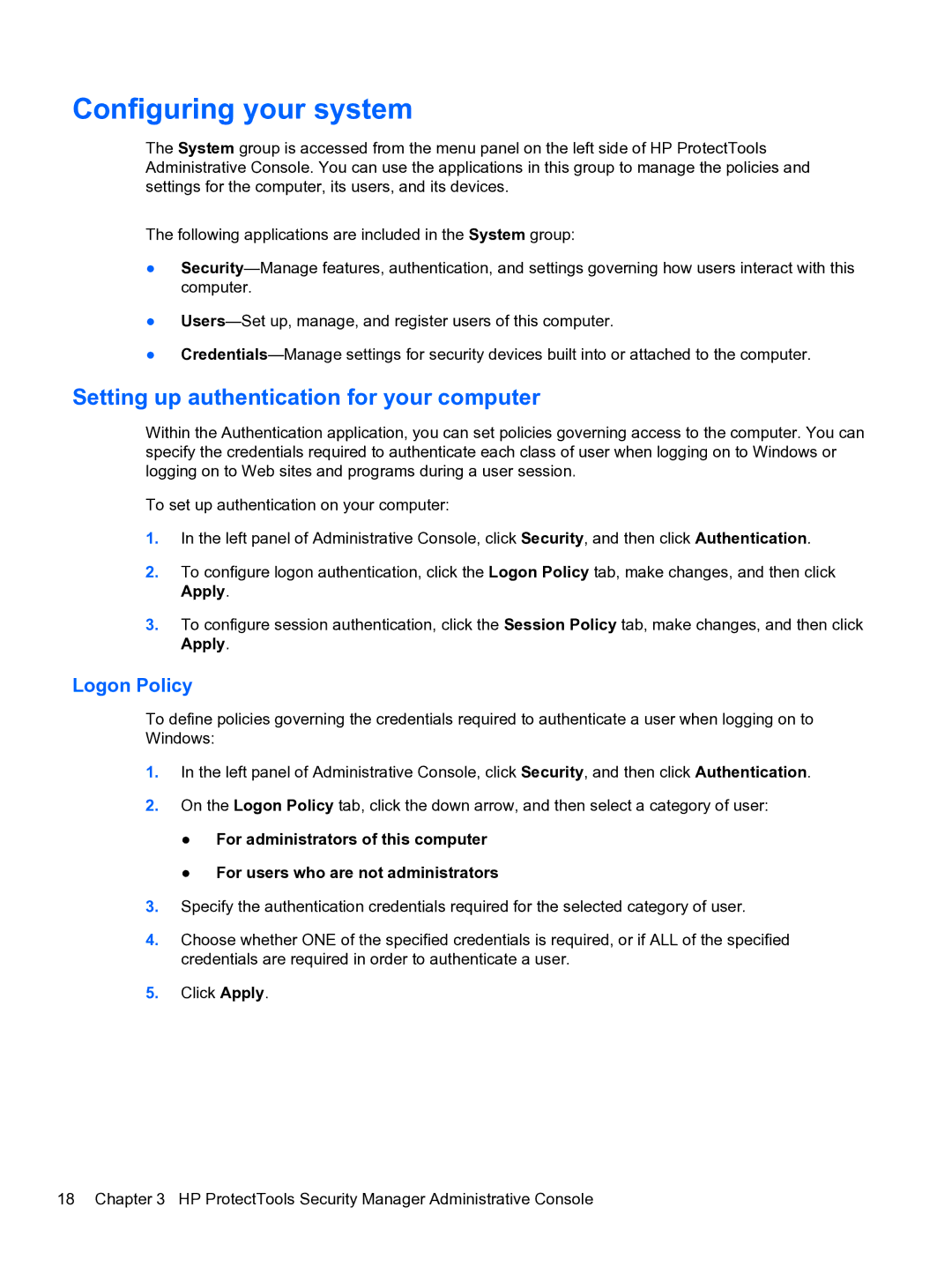 HP 2 Base Model manual Configuring your system, Setting up authentication for your computer, Logon Policy 