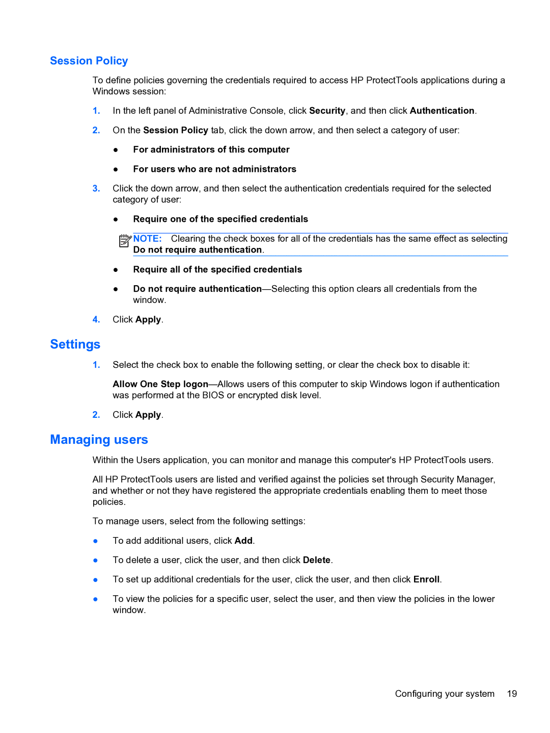 HP 2 Base Model manual Settings, Managing users, Session Policy 