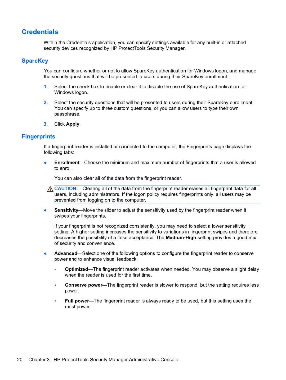 HP 2 Base Model manual Credentials, SpareKey, Fingerprints 