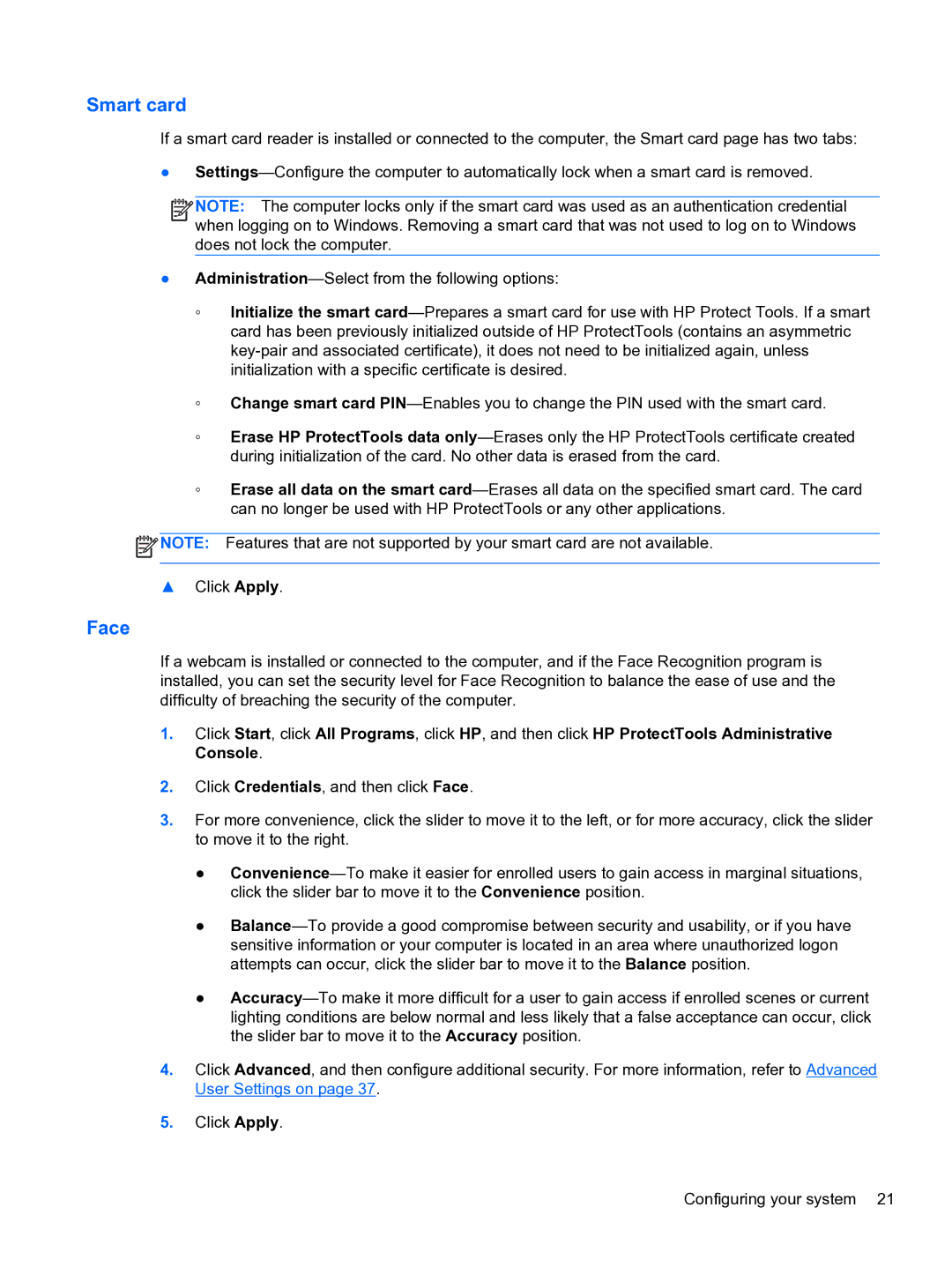 HP 2 Base Model manual Smart card, Face 