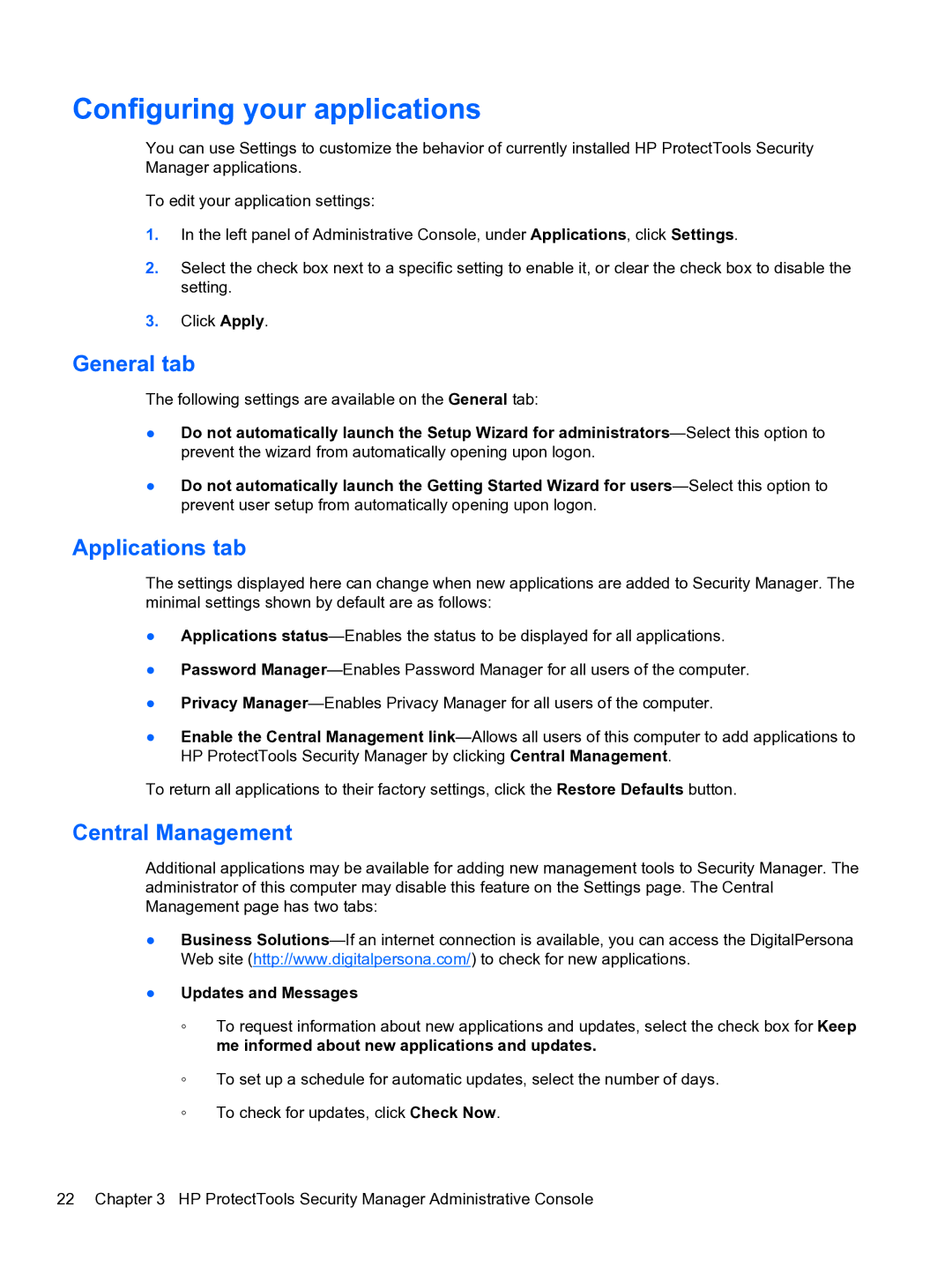 HP 2 Base Model Configuring your applications, General tab, Applications tab, Central Management, Updates and Messages 