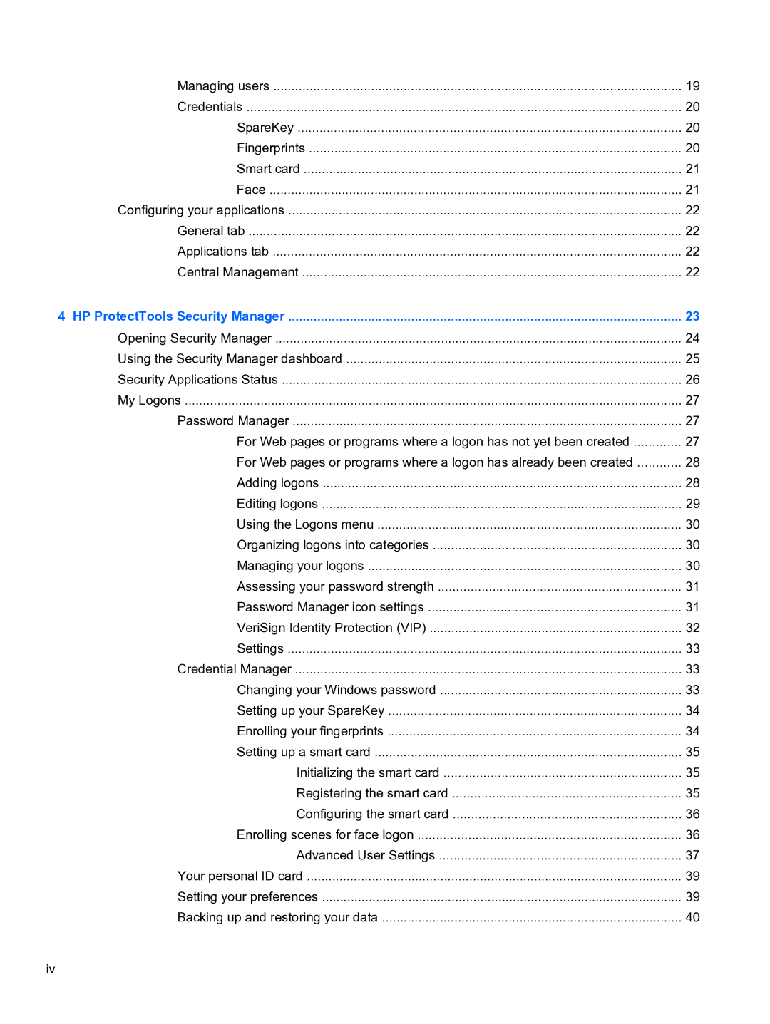 HP 2 Base Model manual HP ProtectTools Security Manager 