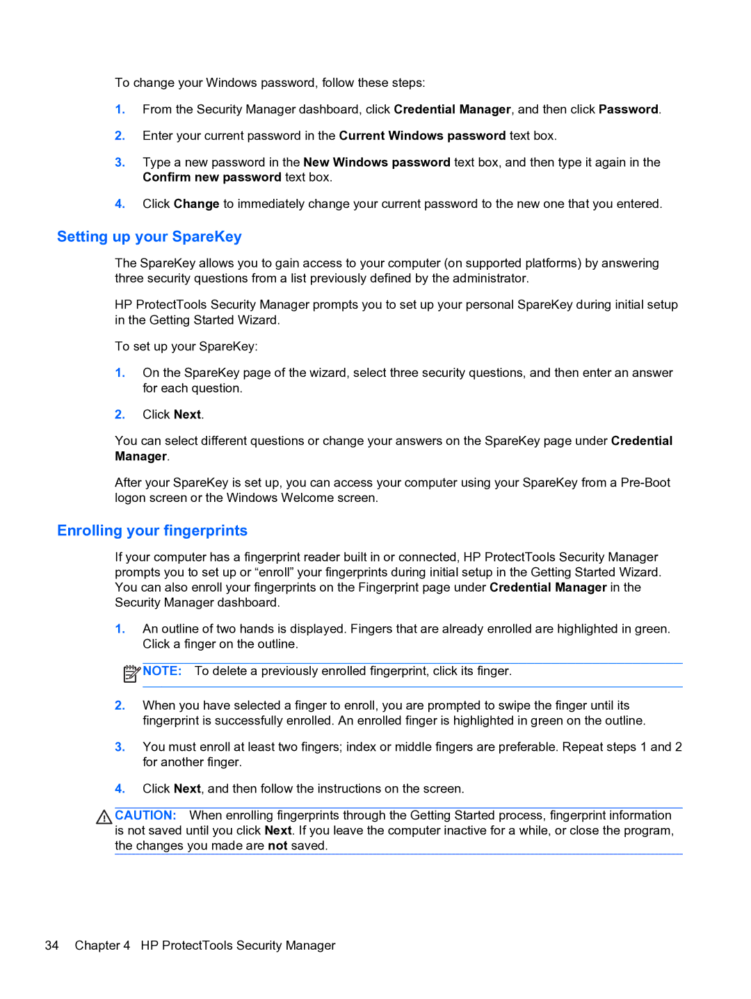 HP 2 Base Model manual Setting up your SpareKey, Enrolling your fingerprints 