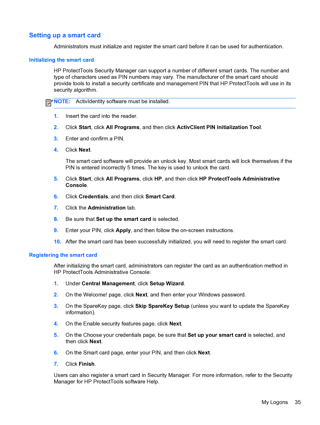 HP 2 manual Setting up a smart card, Initializing the smart card, Click the Administration tab, Registering the smart card 