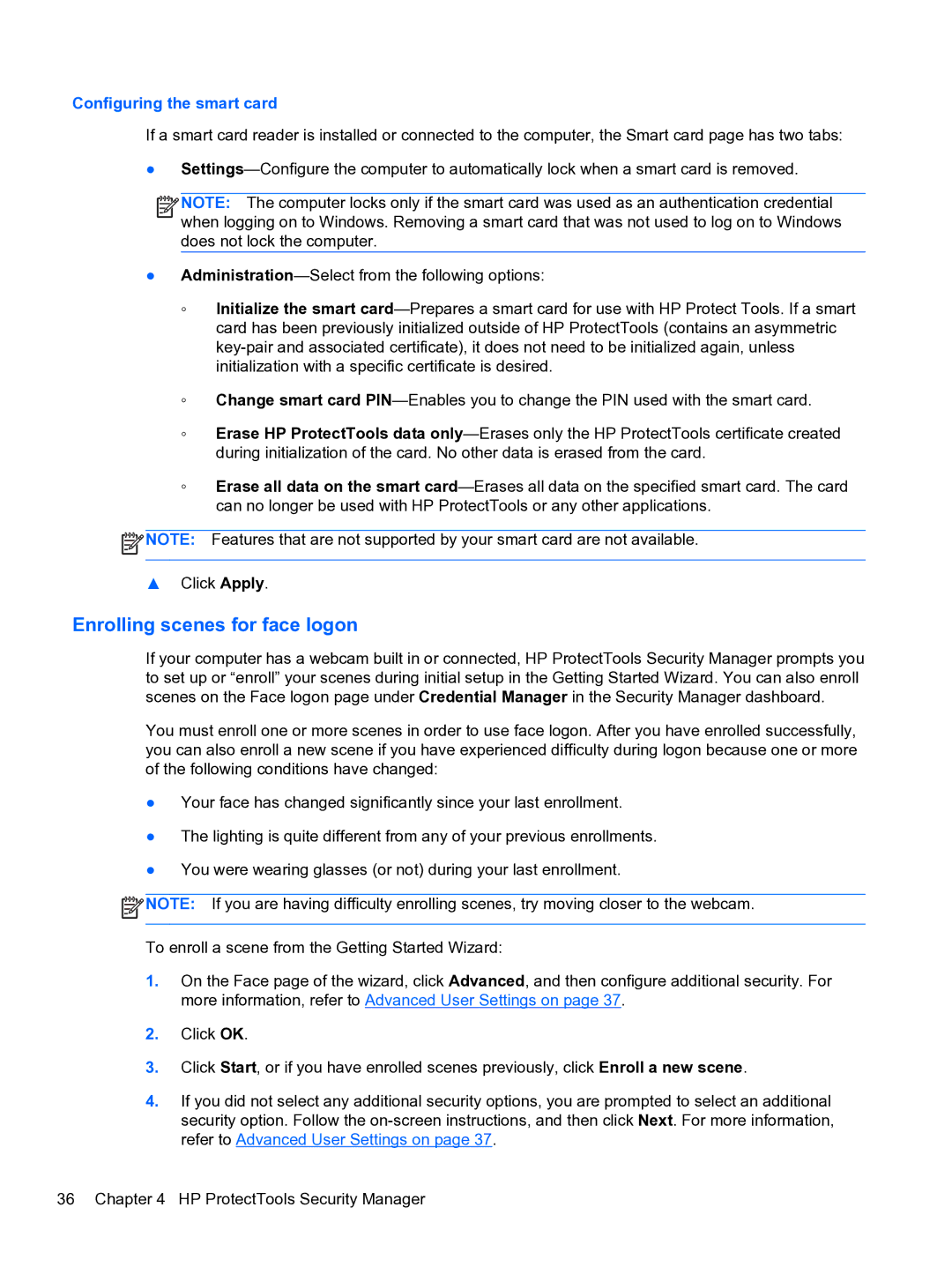 HP 2 Base Model manual Enrolling scenes for face logon, Configuring the smart card 