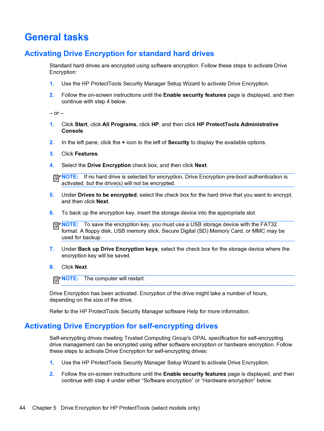 HP 2 Base Model manual General tasks, Activating Drive Encryption for standard hard drives, Click Features 