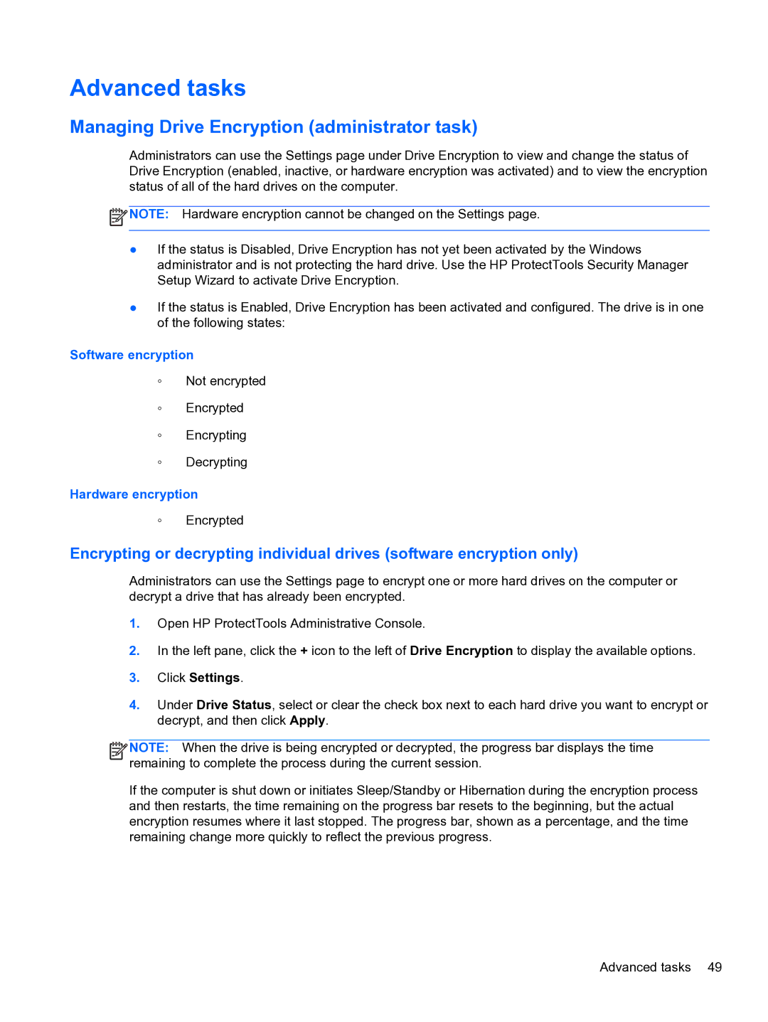 HP 2 Base Model manual Advanced tasks, Managing Drive Encryption administrator task 