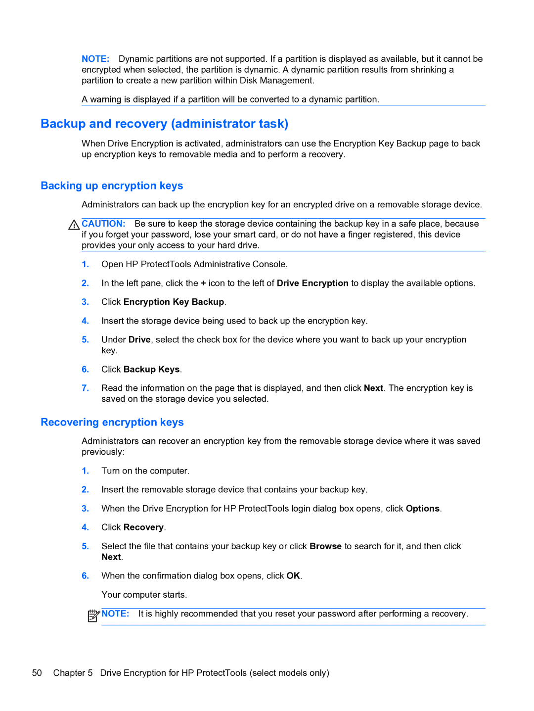 HP 2 Base Model manual Backup and recovery administrator task, Backing up encryption keys, Recovering encryption keys 