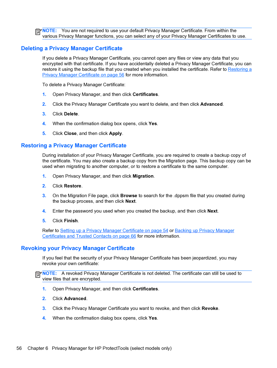 HP 2 Base Model manual Deleting a Privacy Manager Certificate, Restoring a Privacy Manager Certificate, Click Advanced 