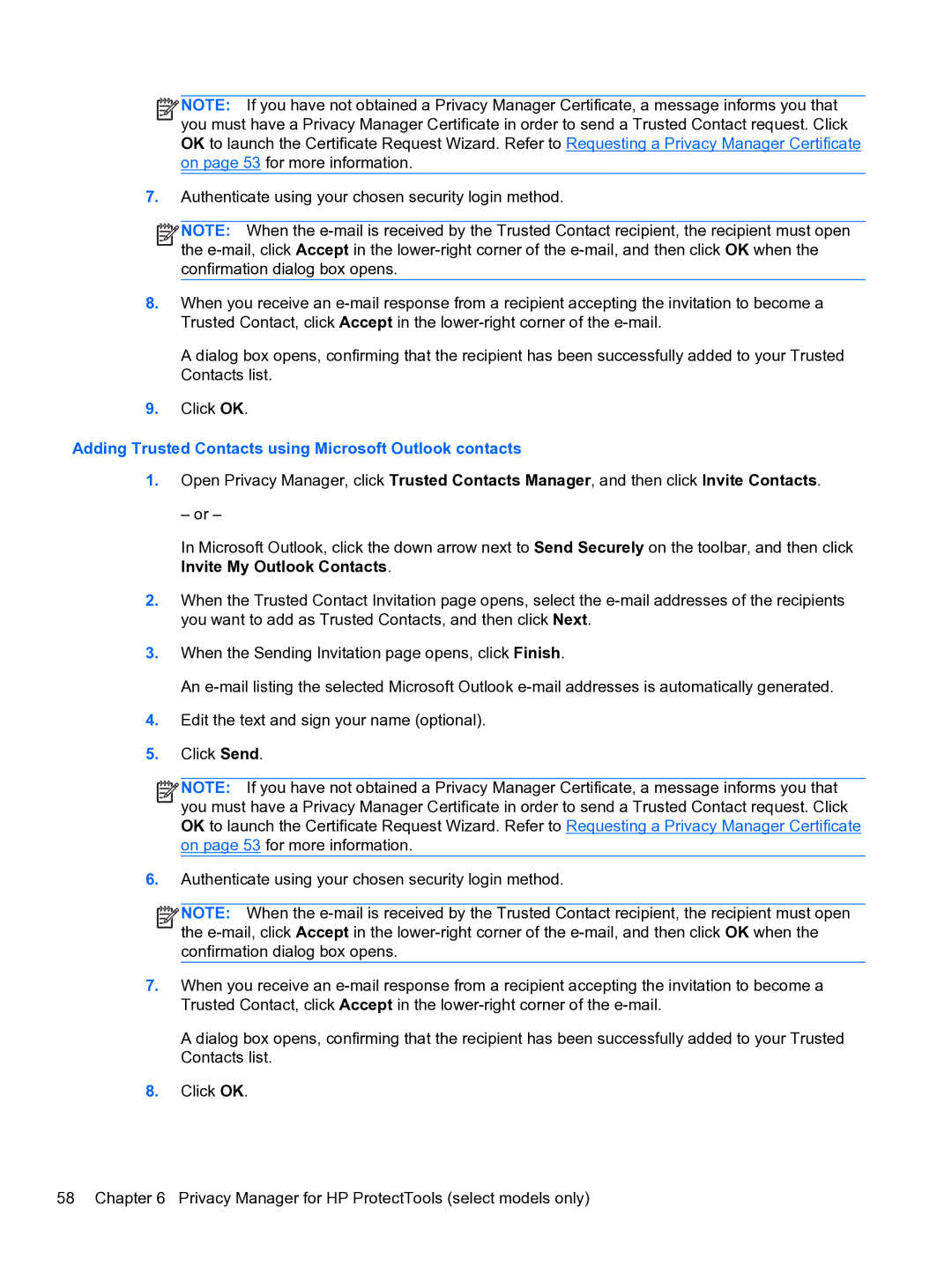 HP 2 Base Model manual Adding Trusted Contacts using Microsoft Outlook contacts 