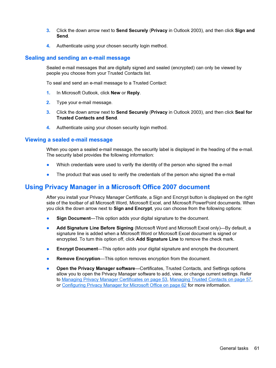 HP 2 Base Model manual Using Privacy Manager in a Microsoft Office 2007 document, Sealing and sending an e-mail message 