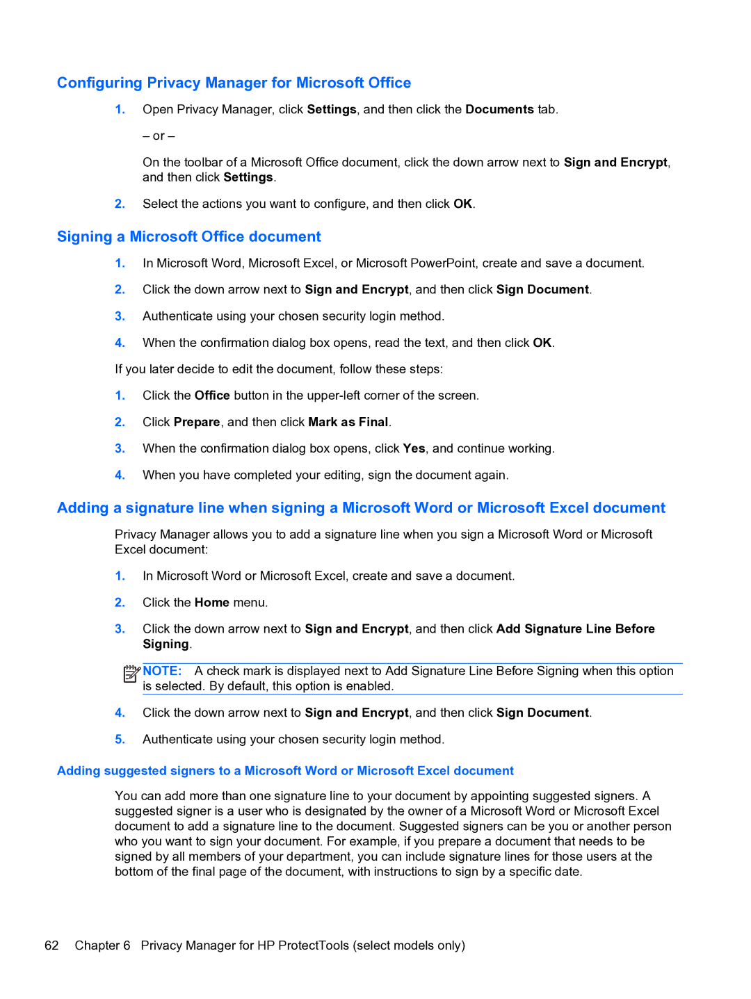 HP 2 Base Model manual Configuring Privacy Manager for Microsoft Office, Signing a Microsoft Office document 