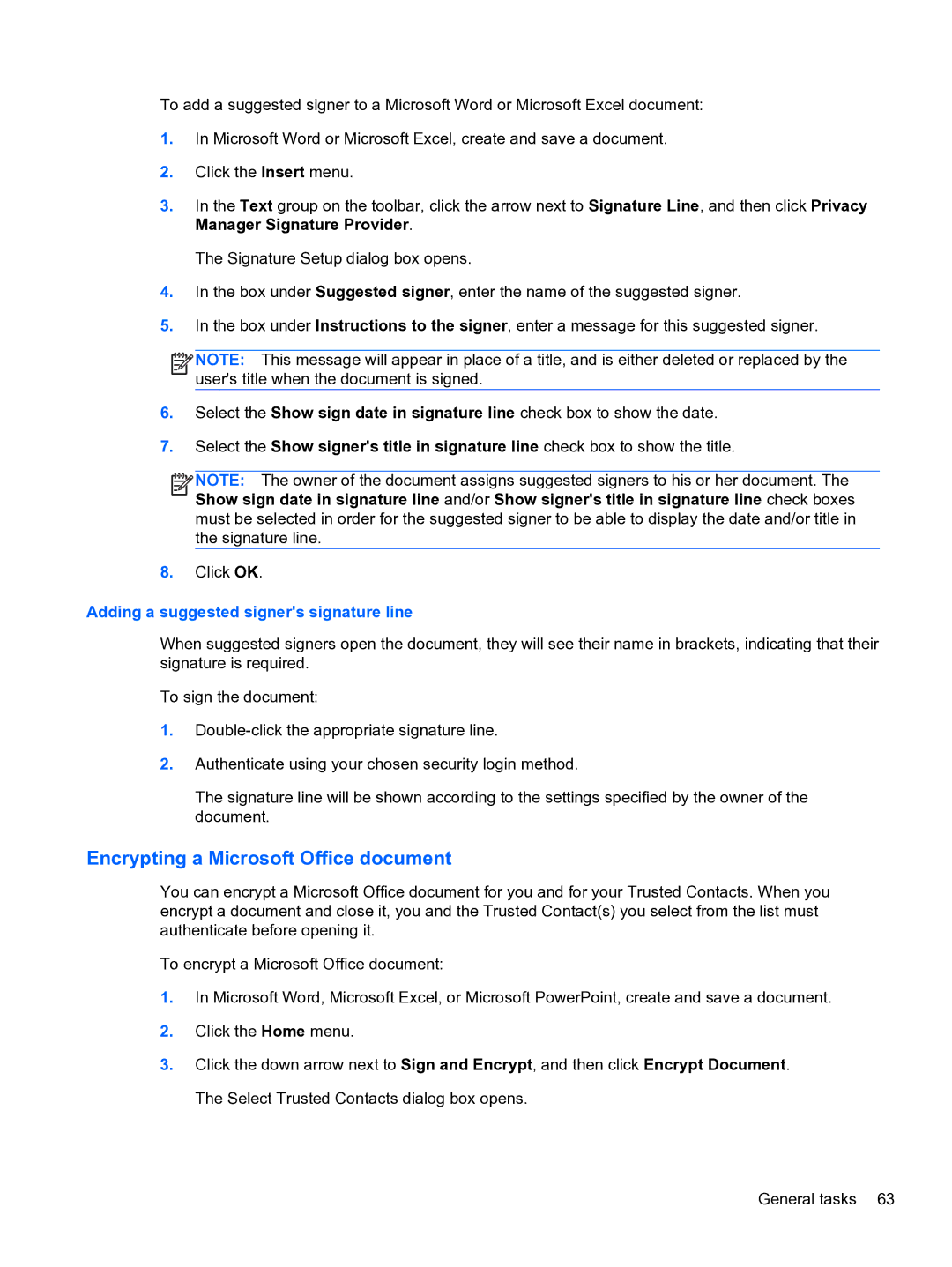 HP 2 Base Model manual Encrypting a Microsoft Office document, Adding a suggested signers signature line 