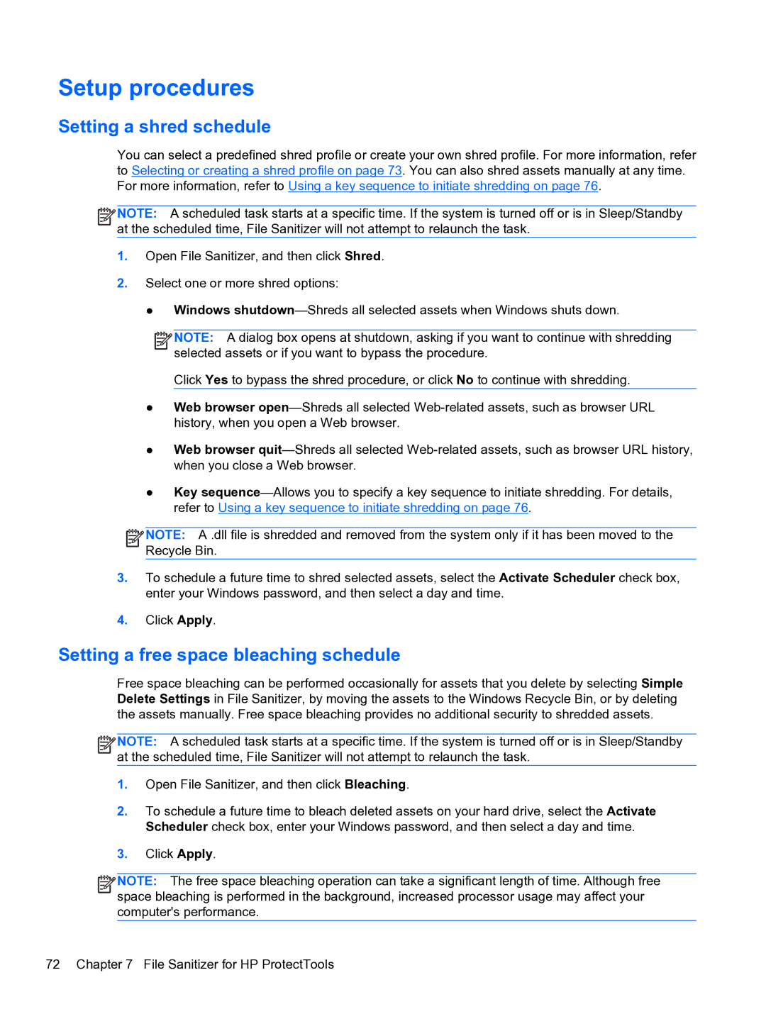 HP 2 Base Model manual Setting a shred schedule, Setting a free space bleaching schedule 