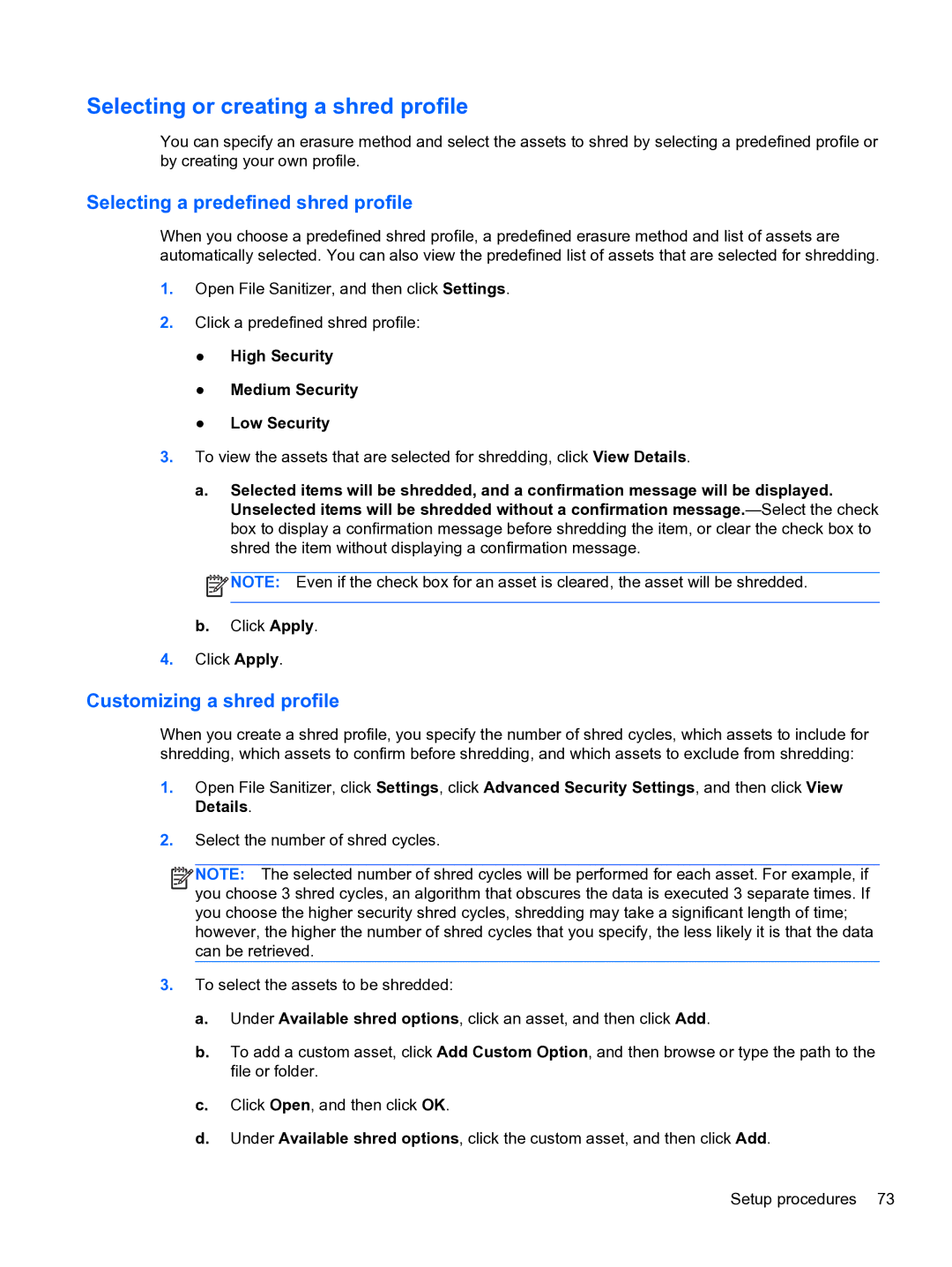 HP 2 manual Selecting or creating a shred profile, Selecting a predefined shred profile, Customizing a shred profile 