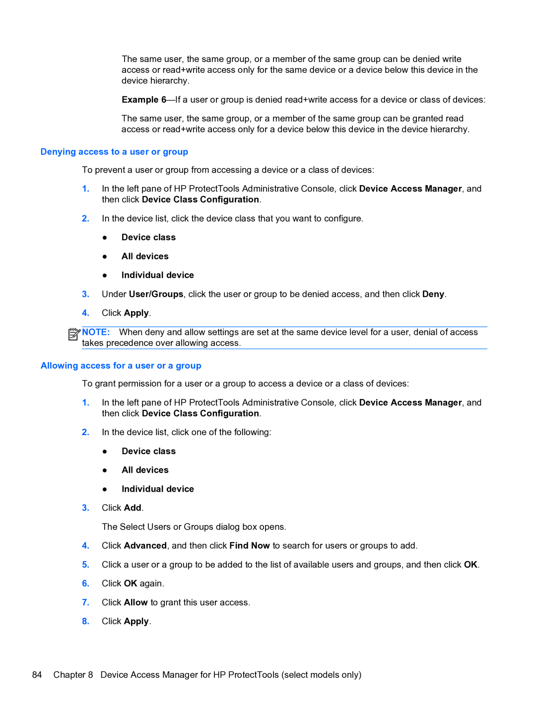 HP 2 Base Model manual Denying access to a user or group, Device class All devices Individual device 