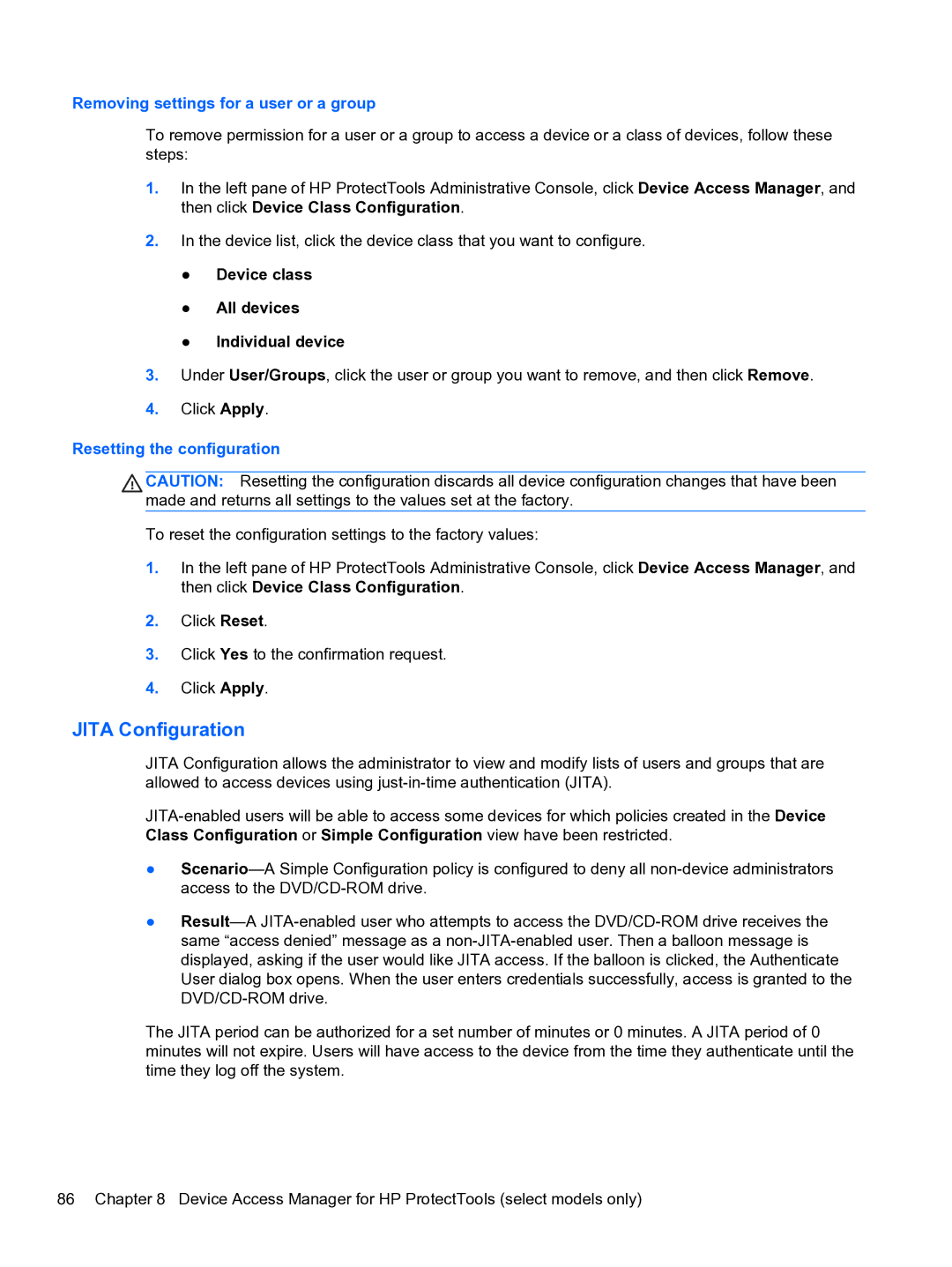 HP 2 Base Model manual Jita Configuration, Removing settings for a user or a group, Resetting the configuration 