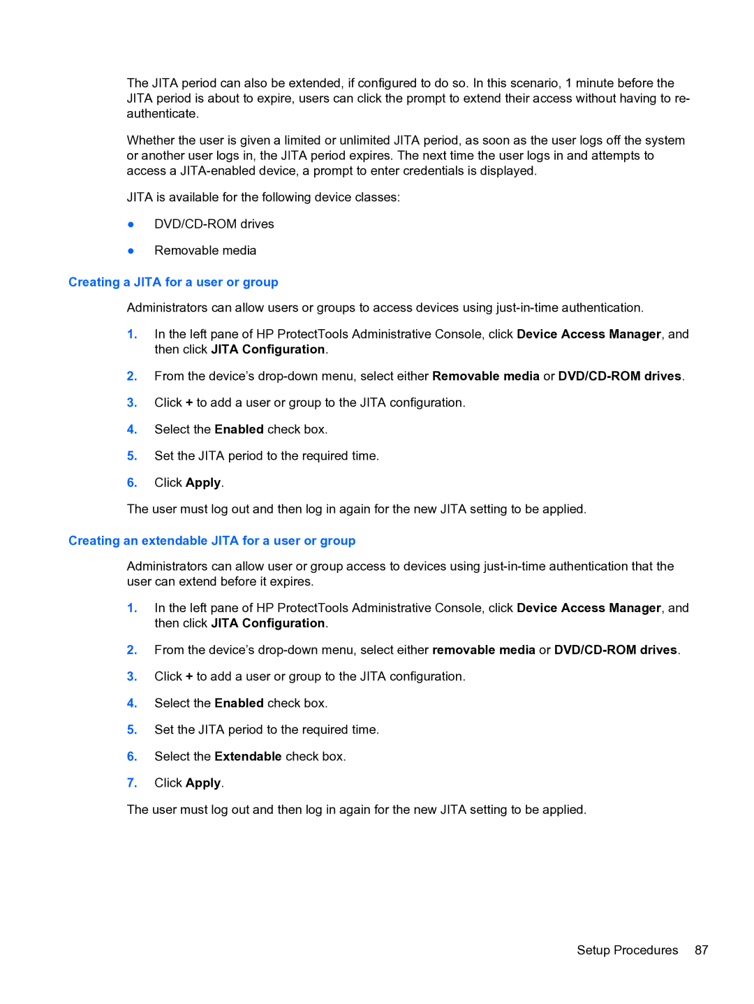 HP 2 Base Model manual Creating a Jita for a user or group, Creating an extendable Jita for a user or group 