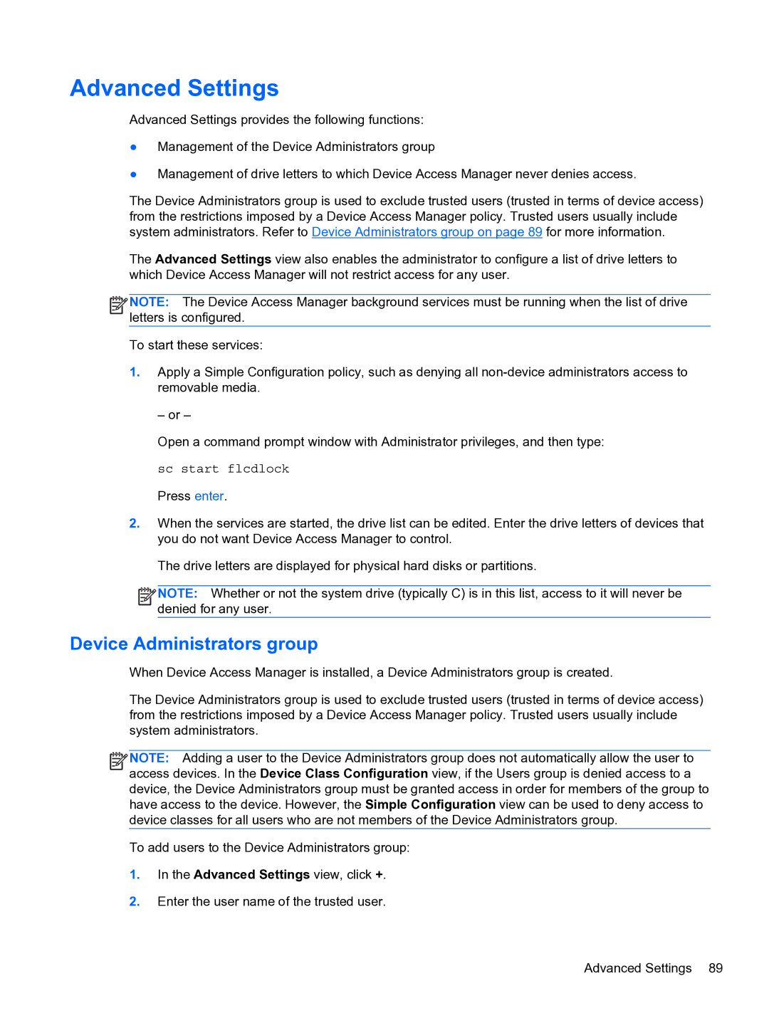 HP 2 Base Model manual Advanced Settings, Device Administrators group 