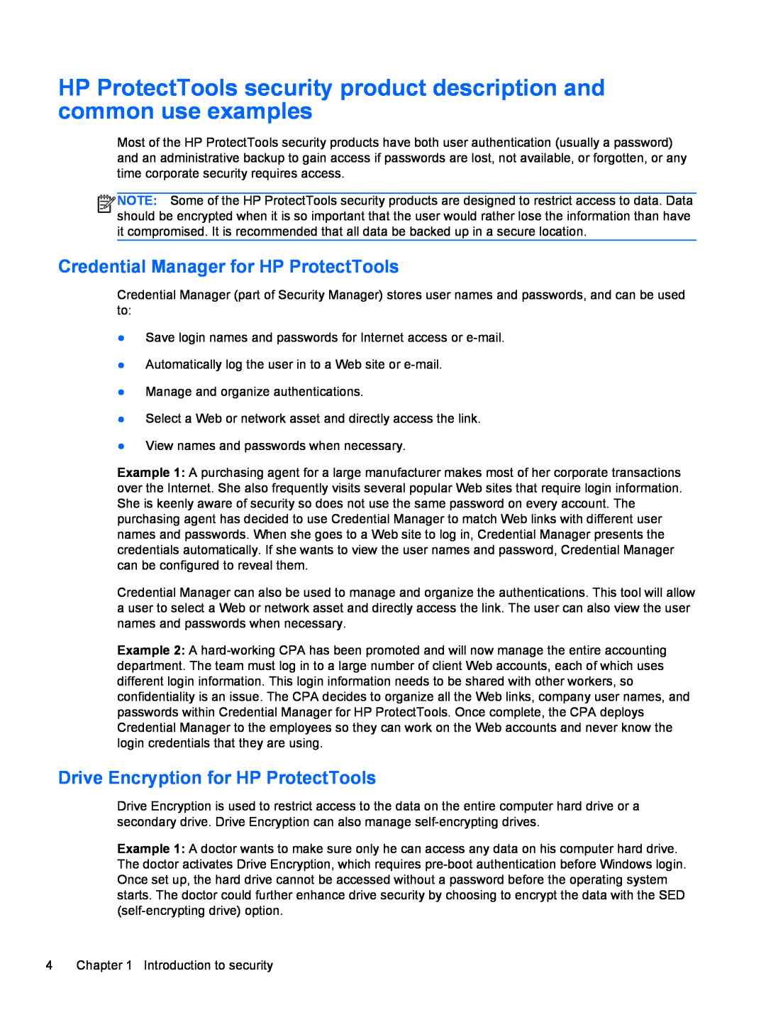 HP 2 Base Model HP ProtectTools security product description and common use examples, Drive Encryption for HP ProtectTools 