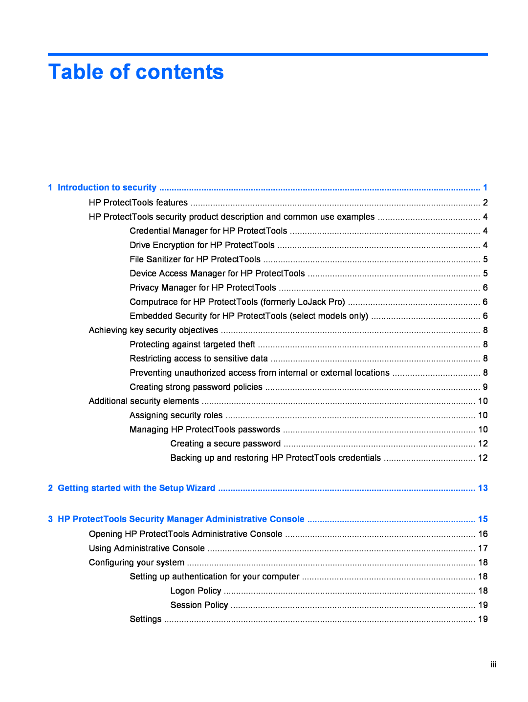 HP 2 Base Model manual Table of contents 