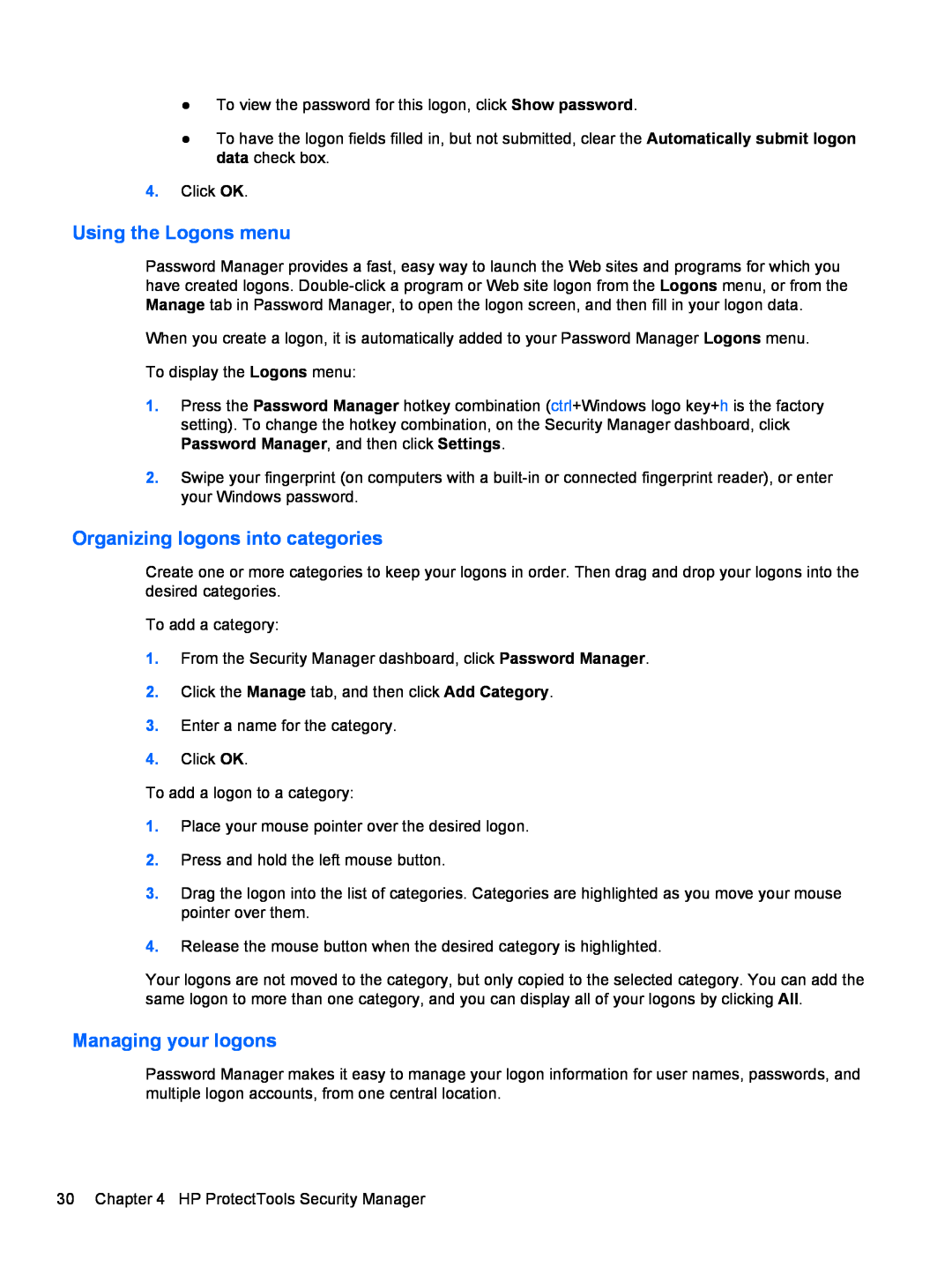 HP 2 Base Model manual Using the Logons menu, Organizing logons into categories, Managing your logons 