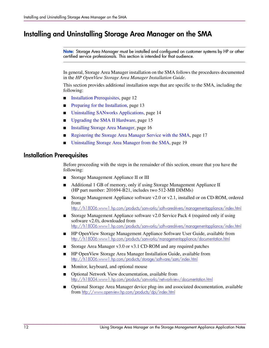 HP 2 SP4 manual Installing and Uninstalling Storage Area Manager on the SMA, Installation Prerequisites 